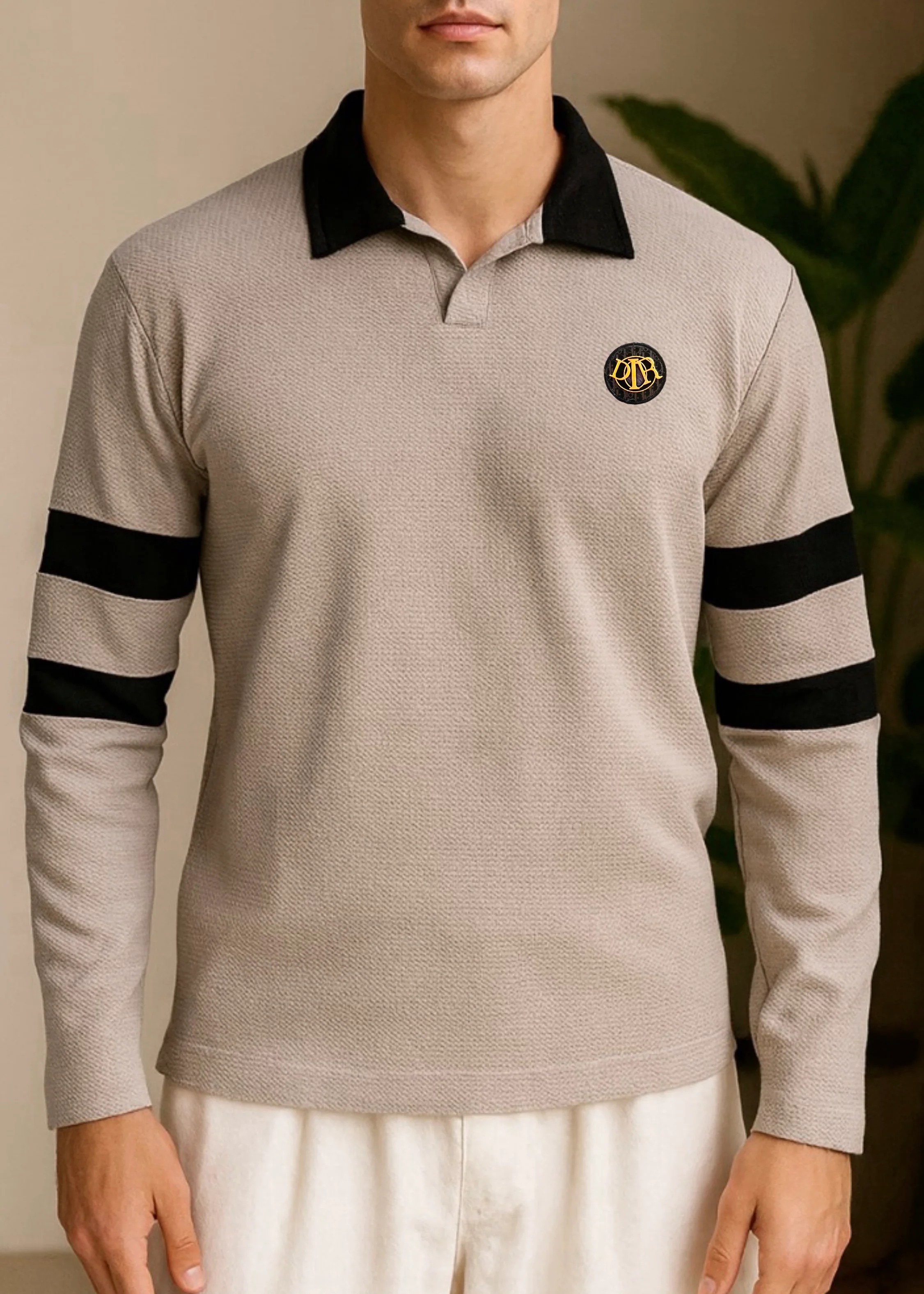 Textured Beige Polo with Dual Sleeve Stripes